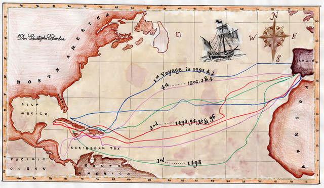 妮妮花了一个下午加晚上的时间画了哥伦布发现美洲的航海路线图